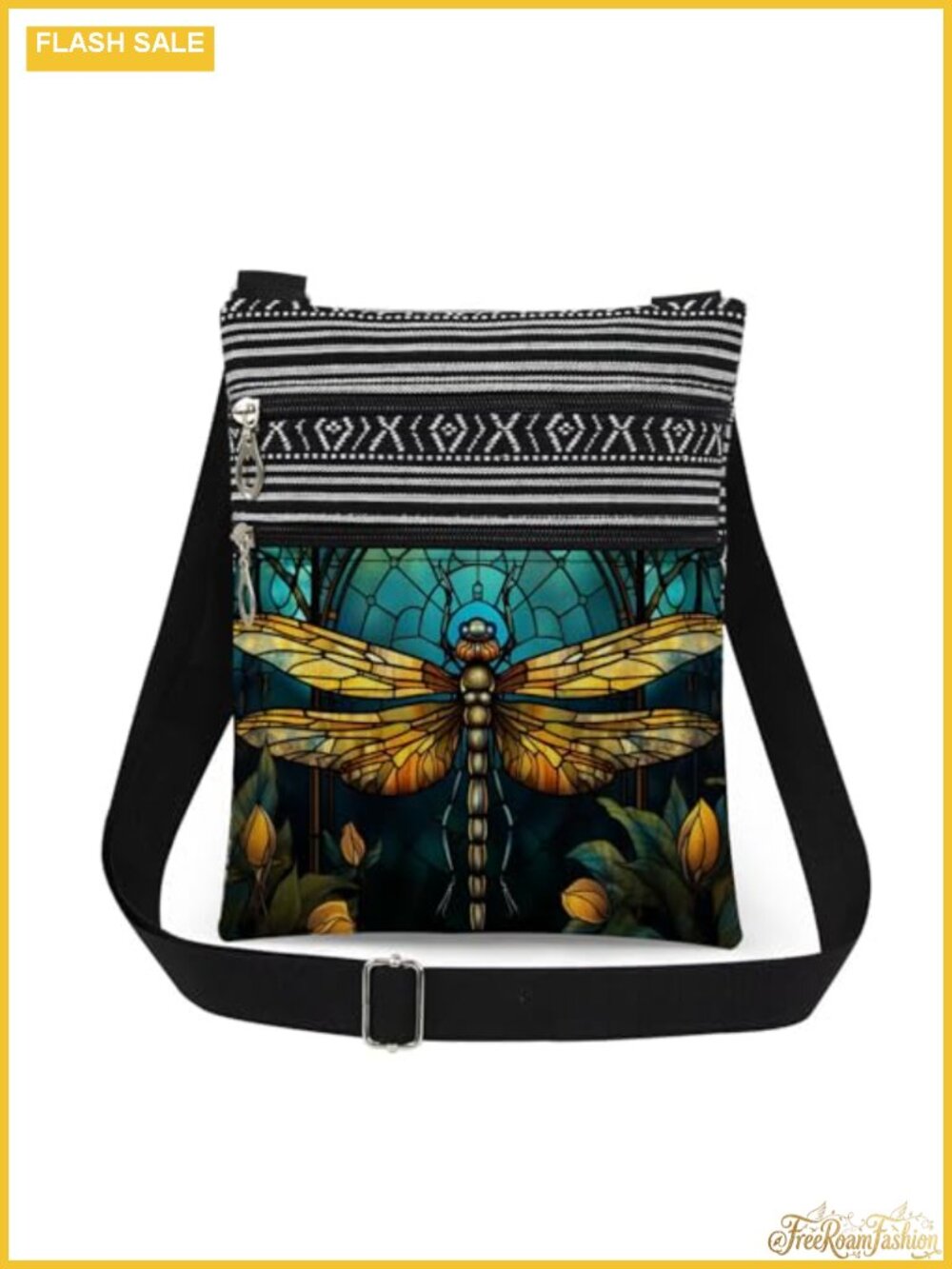 Dragonfly Polyester Crossbody Bag Adjustable Strap Double Zipper Sling